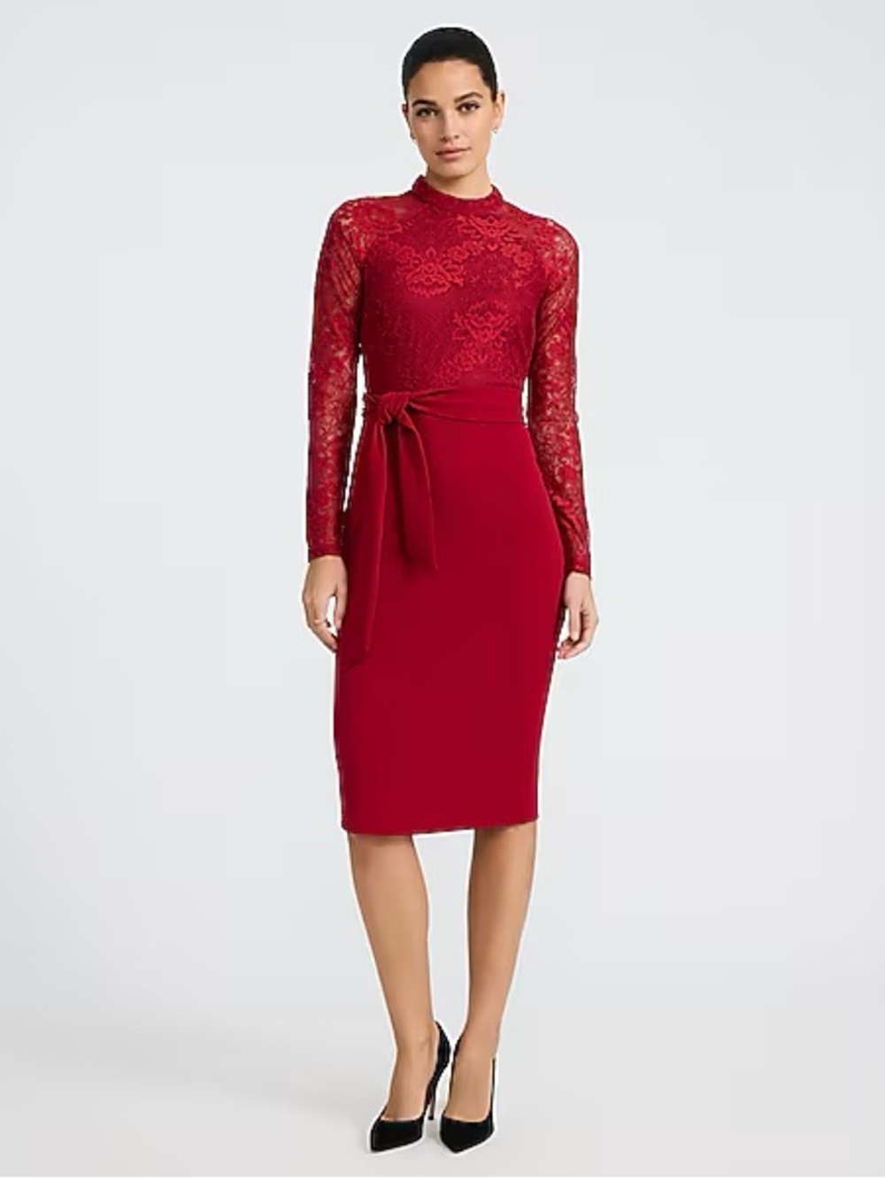 NWT Lace Crew Neck Long Sleeve Belted Midi Sheath Dress